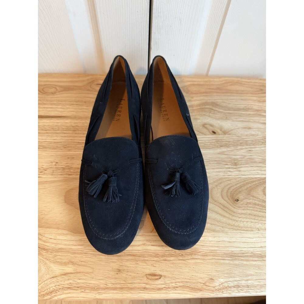 Lauren Ralph Lauren Suede Tassel Loafers Navy Blue Block Heel 9.5 B